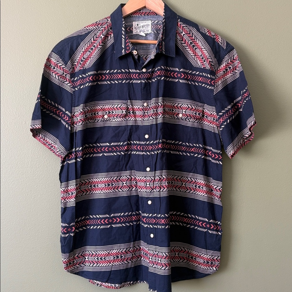 Lucky Brand Short Sleeve Button Up Shirt Navy Western Aztec Snap Closure Sz XL - Picture 2 of 7